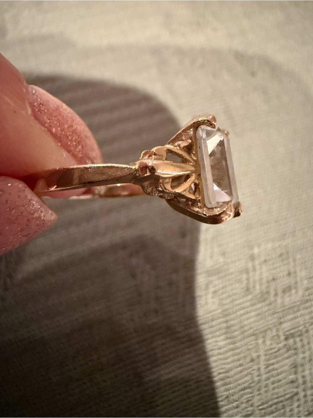 Vintage 14KT Gold Ring with Clear Quartz Emerald-Cut Stone - Picture 6 of 8